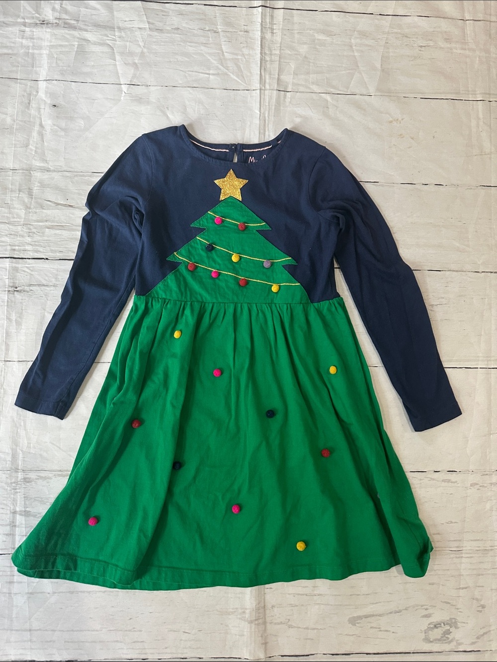 Mini Boden Navy and Green Christmas Tree Dress size 9/10 pom poms